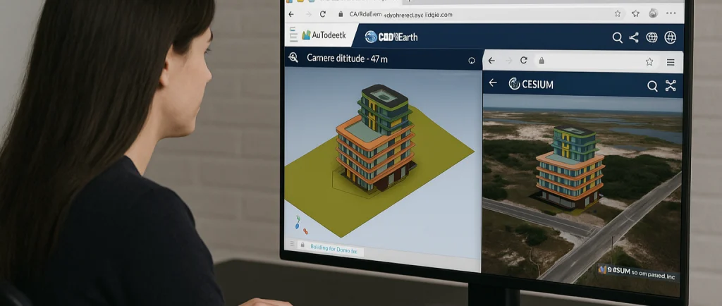 Visualiza tus proyectos con plugins Revit como CADtoEarth y Cesium Profesional visualizando un modelo 3D de edificio con plugins para Revit como CADtoEarth y Cesium