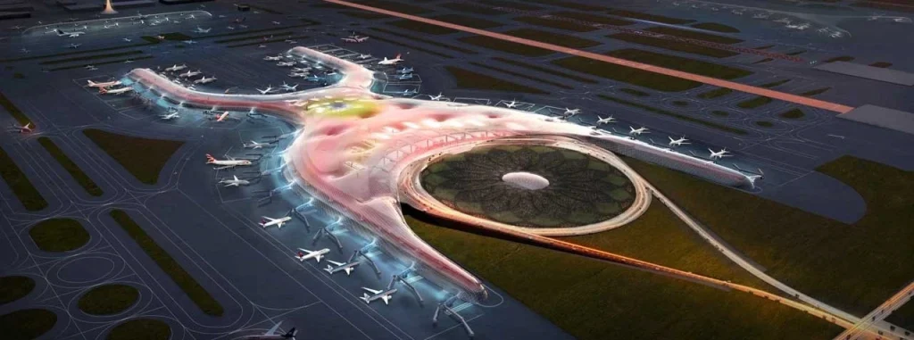 Aeropuerto de México: diseño futurista y eficiencia operativa en una sola terminal Vista aérea del aeropuerto de México con diseño arquitectónico futurista y estructura biomórfica