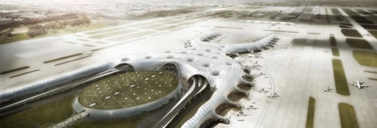 Diseño fluido y vanguardista del aeropuerto de México en su propuesta arquitectónica inicial Render arquitectónico del aeropuerto de México con diseño fluido y distribución radial de pistas