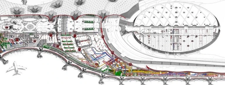 Plano técnico del aeropuerto de México: arquitectura y coordinación integral de instalaciones Plano técnico del aeropuerto de México con detalle de instalaciones, accesos y distribución funcional