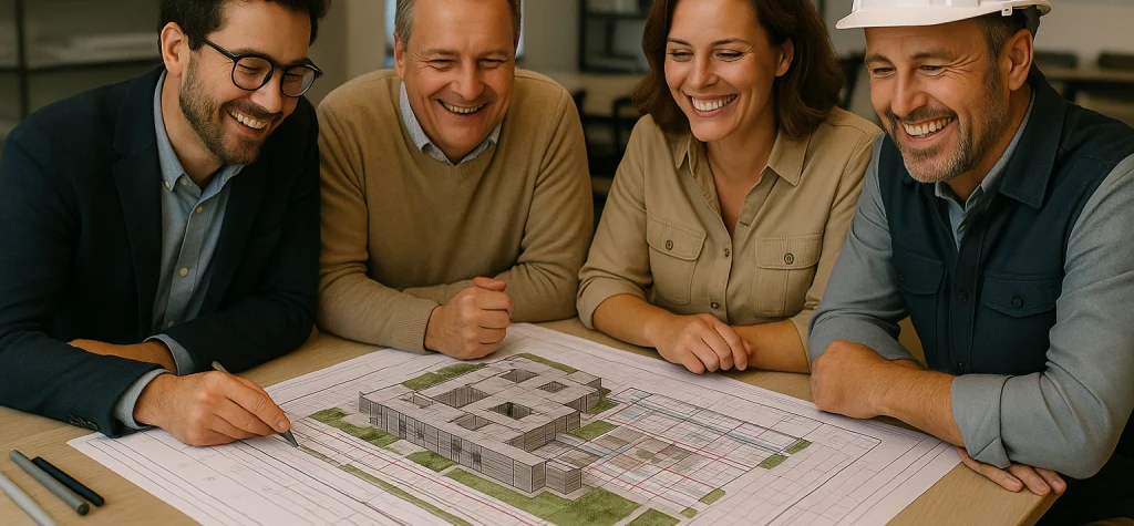 Detecta errores en planos de casas trabajando en equipo con otros profesionales Equipo de arquitectos revisando un plano de casas de un edificio con maqueta técnica en mesa de trabajo