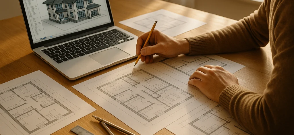Errores comunes al diseñar planos de casas: cómo evitarlos desde el boceto hasta el modelo 3D Arquitecto dibujando planos de casas sobre papel junto a modelo 3D en ordenador portátil