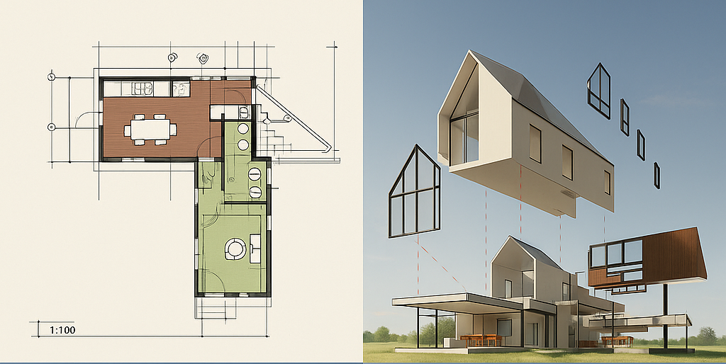 MCP Revit: del plano arquitectónico al modelo constructivo digital Comparativa entre un plano arquitectónico y su modelo constructivo en 3D generado con MCP Revit, mostrando la evolución del diseño BIM.