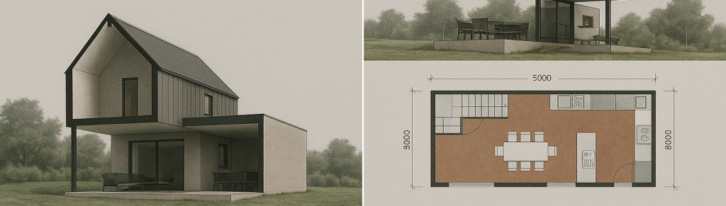 Vista de una vivienda unifamiliar generada con MCP Revit junto al plano acotado y detalles exteriores, ejemplificando el uso del modelo BIM en arquitectura residencial.