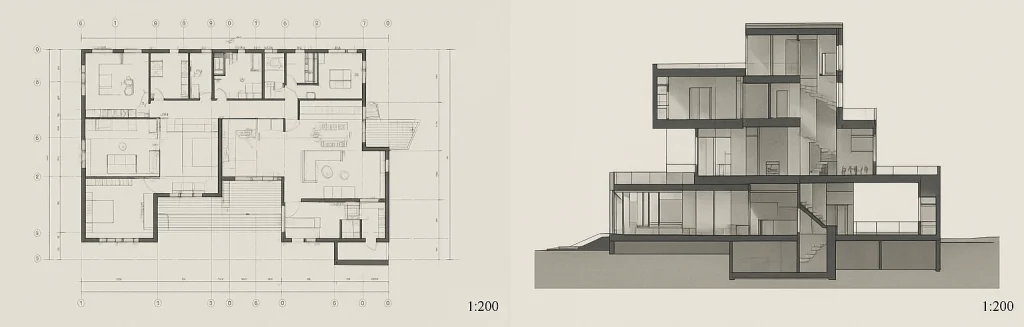 Plano arquitectónico en planta y sección vertical generados con MCP Revit, mostrando la capacidad del software para documentar proyectos BIM con precisión y escala.
