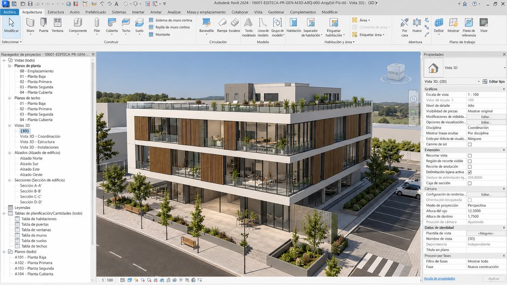 Interfaz BIM con edificio moderno en 3D