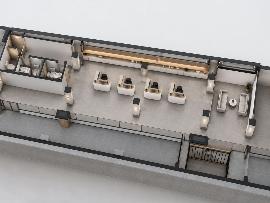 Oficina moderna con recepcion y lounge 1
